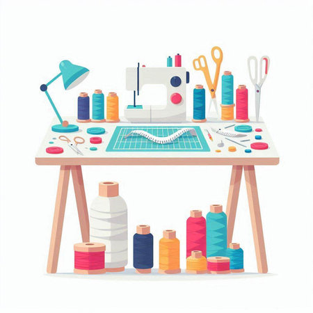Sewing workshop. Sewing machine, thread, scissors, pins, needles and other tools. Vector illustrationのイラスト素材