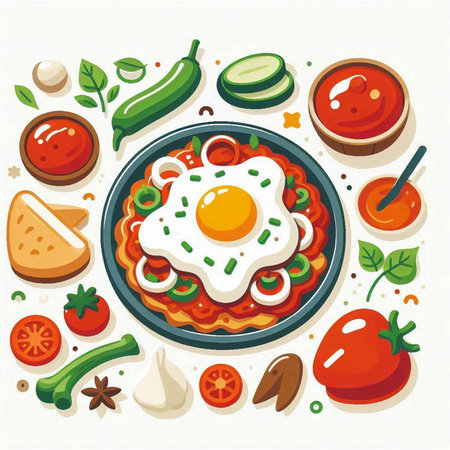 Vector illustration of fried eggs in a plate with vegetables and spices.のイラスト素材