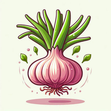 Vector illustration of fresh onion with green leaves. Healthy food concept.のイラスト素材