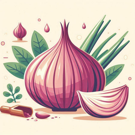 Shallot vector illustration. Whole onion with leaves and drops.のイラスト素材