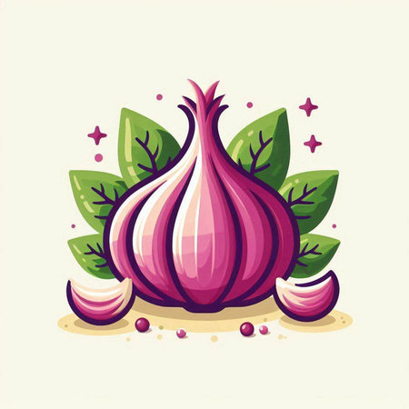 Illustration of a pink onion with green leaves on a white backgroundのイラスト素材