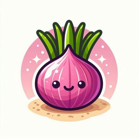 Cute happy onion character. Vector illustration isolated on white background.のイラスト素材