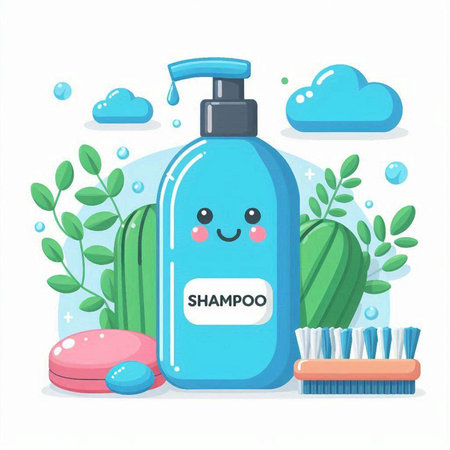 Cute cartoon bottle of shampoo, toothbrush, soap, toothpaste. Vector illustration.のイラスト素材