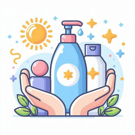 Vector illustration of hand holding lotion bottle with sun, stars and sunflowers.のイラスト素材