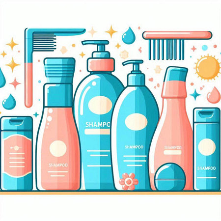Vector illustration with shampoo, shower gel, shower gel, hair brush, shampoo, conditioner, lotion.のイラスト素材