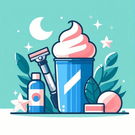 Vector illustration of a cup of ice cream with cream, towel, soap, cream and star on a blue backgroundのイラスト素材