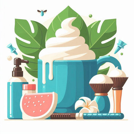 Coffee break. Coffee latte, cream, watermelon, cream. Vector illustration in flat styleのイラスト素材