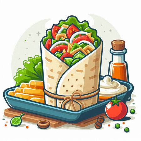 Tortilla wrap with vegetables and sauce. Vector illustration in cartoon style.のイラスト素材