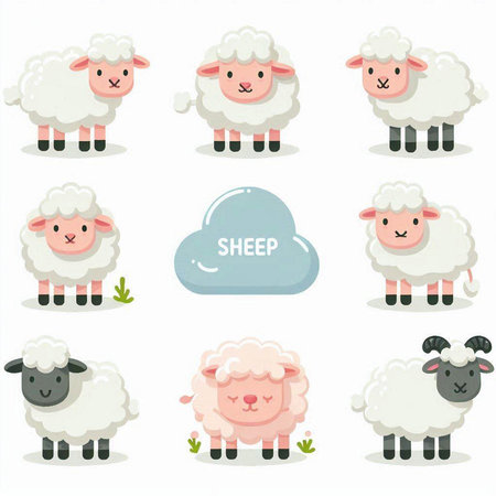 Set of cute cartoon sheeps with different emotions. Vector illustration.のイラスト素材