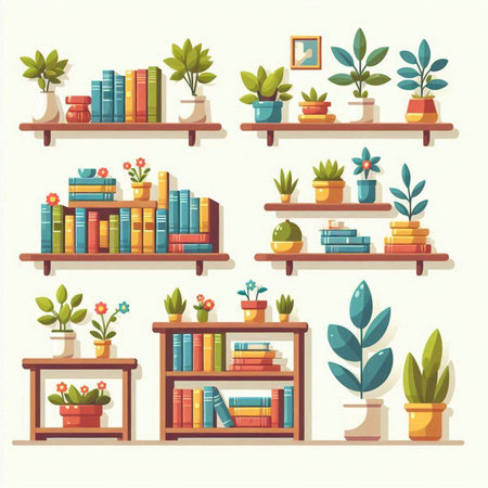 Set of bookshelves with different houseplants. Vector illustrationのイラスト素材