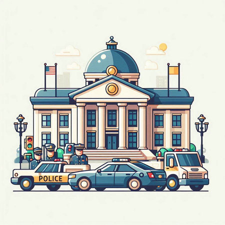 Police station building. Vector illustration in flat design style. Cityscape with police car and police officers.のイラスト素材