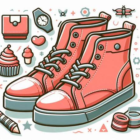 Vector illustration of a set of hand drawn shoes and accessories for children.のイラスト素材