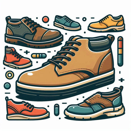 Set of different shoes and accessories. Vector illustration in doodle styleのイラスト素材