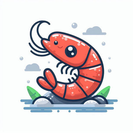 Cute cartoon shrimp on the stone. Vector illustration in a flat style.のイラスト素材