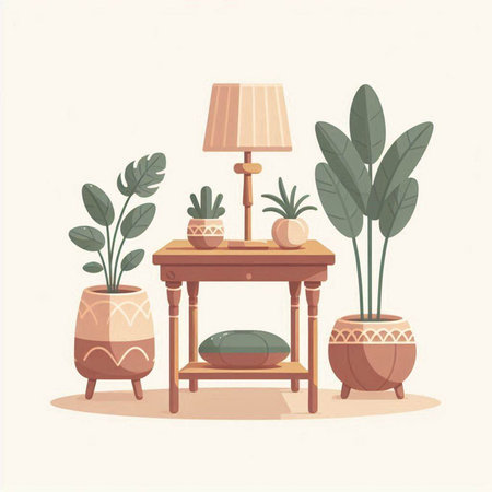 Vector illustration of a cozy living room with furniture and plants in pots.のイラスト素材