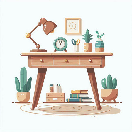 Illustration of a table with a lamp, books, cacti and other thingsのイラスト素材