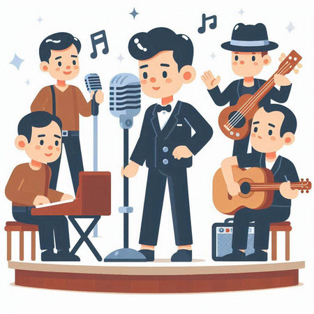 Illustration of a group of musicians performing on stage, vector illustrationのイラスト素材