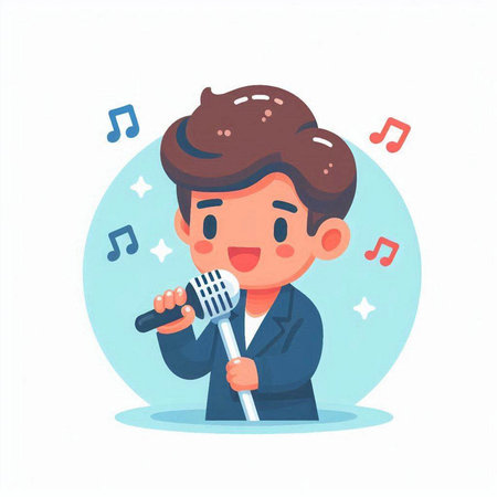 Cute boy singing karaoke. Vector illustration in cartoon styleのイラスト素材