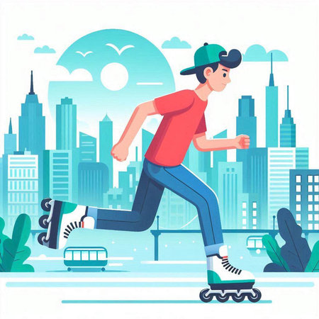 Man riding on roller skates in the city. Vector illustration.のイラスト素材