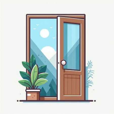 Vector illustration of a wooden door with a plant in a pot.のイラスト素材