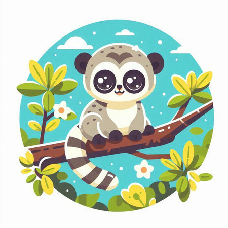 Cute cartoon lemur on a branch with flowers. Vector illustration.のイラスト素材