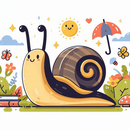 Vector illustration of cute snail on the nature background. Cartoon style.のイラスト素材