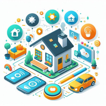 Smart home concept with isometric icons and elements. Vector illustration.のイラスト素材