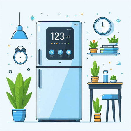 Vector illustration of modern refrigerator with clock and plants in flat style.のイラスト素材