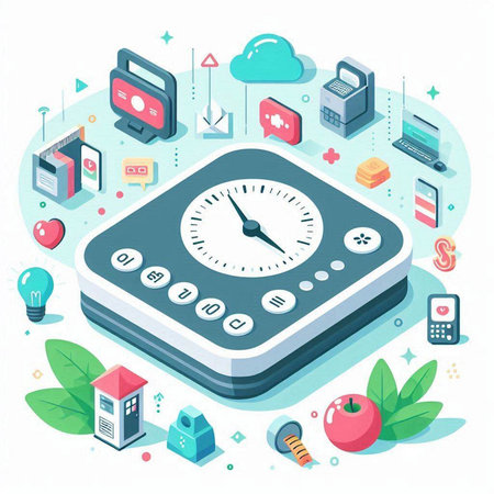 Time management isometric vector concept with clock, calculator, digital tablet and electronic devices.のイラスト素材