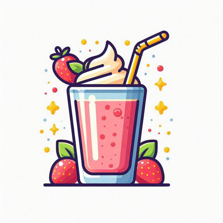Strawberry smoothie with whipped cream and fresh berries. Vector illustration.のイラスト素材