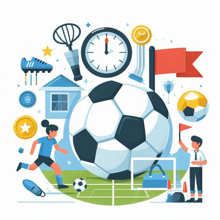Soccer sport. Vector illustration in flat style with soccer ball, referee, referee, scoreboard, ball, goalpost, clock, football, football, soccer ball, soccer player.のイラスト素材