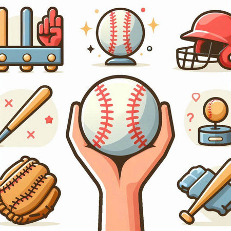 Illustration of baseball and baseball equipment icons set on a white backgroundのイラスト素材
