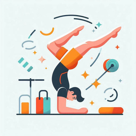 Vector illustration of girl doing gymnastics in the gym. Flat style design.のイラスト素材