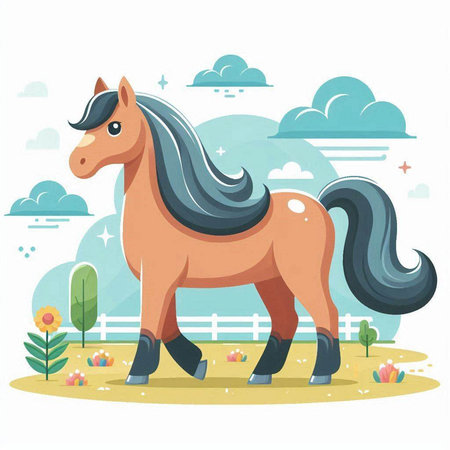 Cute cartoon horse on the meadow. Vector illustration in flat styleのイラスト素材