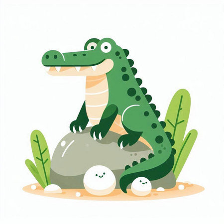 Cute crocodile sitting on stone. Vector illustration in flat styleのイラスト素材