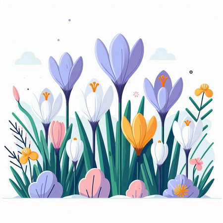 Crocuses and crocus flowers on a white background. Vector illustration.のイラスト素材