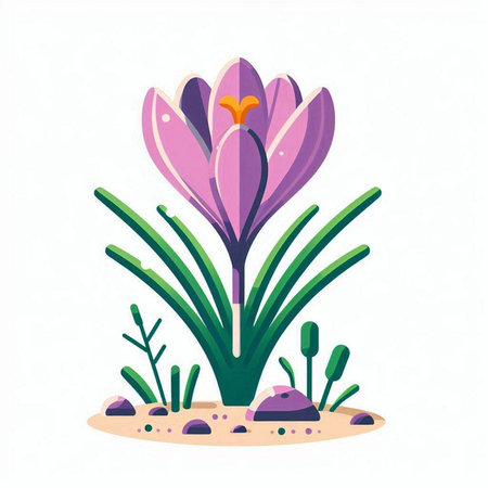Purple crocus flower on sand. Vector illustration in flat style.のイラスト素材