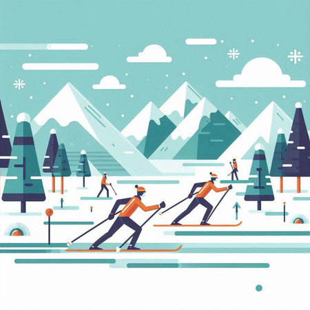 Winter sports. People skiing in the park. Vector illustration in flat styleのイラスト素材
