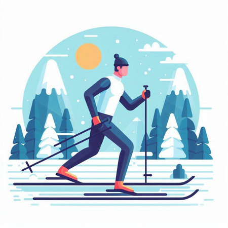 Man skiing in mountains flat vector illustration. Cartoon male skier in sportswear with skis. Winter sport activity, outdoor activities.のイラスト素材