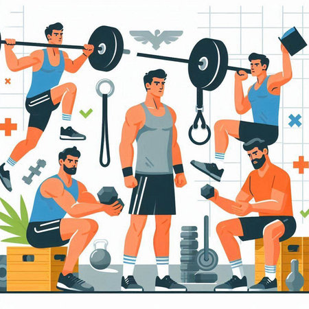 Fitness and healthy lifestyle concept. Vector flat cartoon illustration of men doing exercises with barbells and dumbbells in gym.のイラスト素材