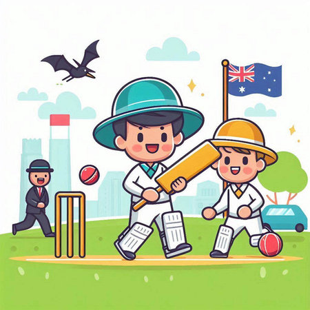 Cricket player and cricket batsman in action cartoon vector illustrationのイラスト素材