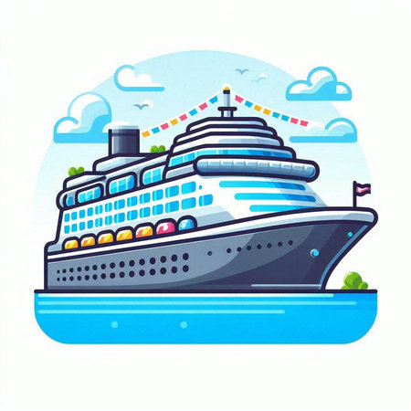Cruise ship in the sea. Vector illustration in cartoon style.のイラスト素材