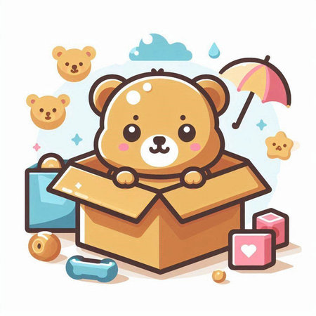 cute teddy bear in a box with toys, vector illustrationのイラスト素材