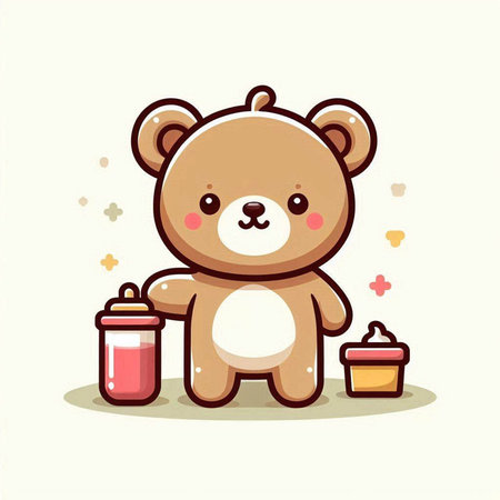 Cute teddy bear with milk bottle. Vector cartoon illustration.のイラスト素材