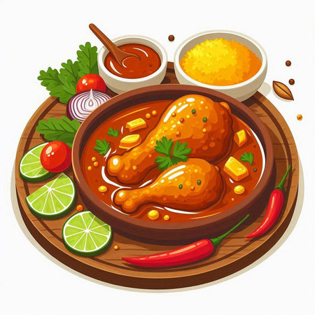 Illustration of chicken drumsticks in curry sauce on a wooden board with ingredientsのイラスト素材
