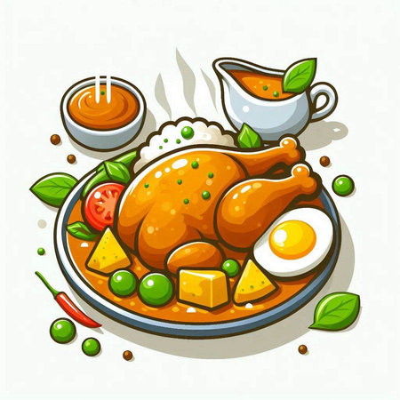 Baked chicken with rice and vegetables on plate. Vector illustration.のイラスト素材