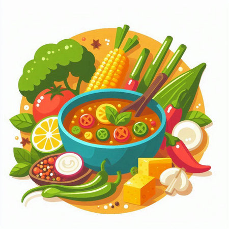 Vegetable soup in bowl with ingredients for cooking. Vector illustration.のイラスト素材