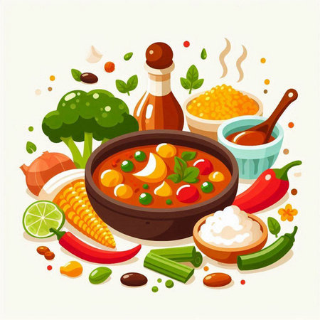 Vector illustration of a bowl of vegetable soup with ingredients for cooking.のイラスト素材