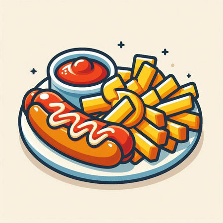 Illustration of hot dog with french fries and ketchup on a plateのイラスト素材