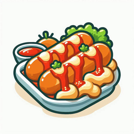 Illustration of hot dogs with ketchup and mayonnaise.のイラスト素材